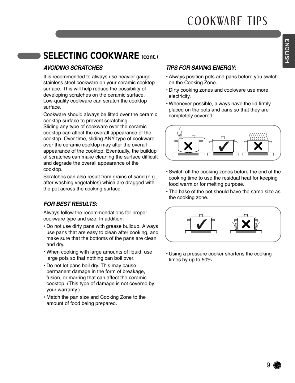 Selecting cookware | LG LCE3681ST User Manual | Page 9 / 100