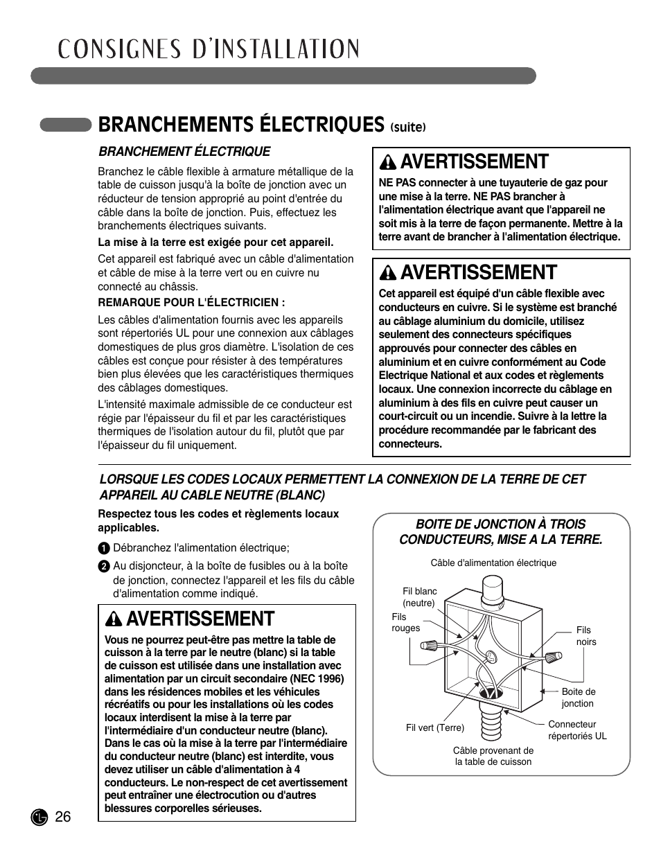 Branchements électriques, Avertissement | LG LCE3681ST User Manual | Page 90 / 100