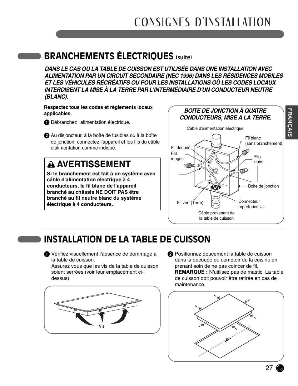 Branchements électriques, Avertissement, Installation de la table de cuisson | LG LCE3681ST User Manual | Page 91 / 100