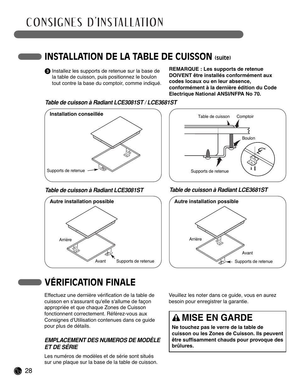 Installation de la table de cuisson, Vérification finale, Mise en garde | LG LCE3681ST User Manual | Page 92 / 100