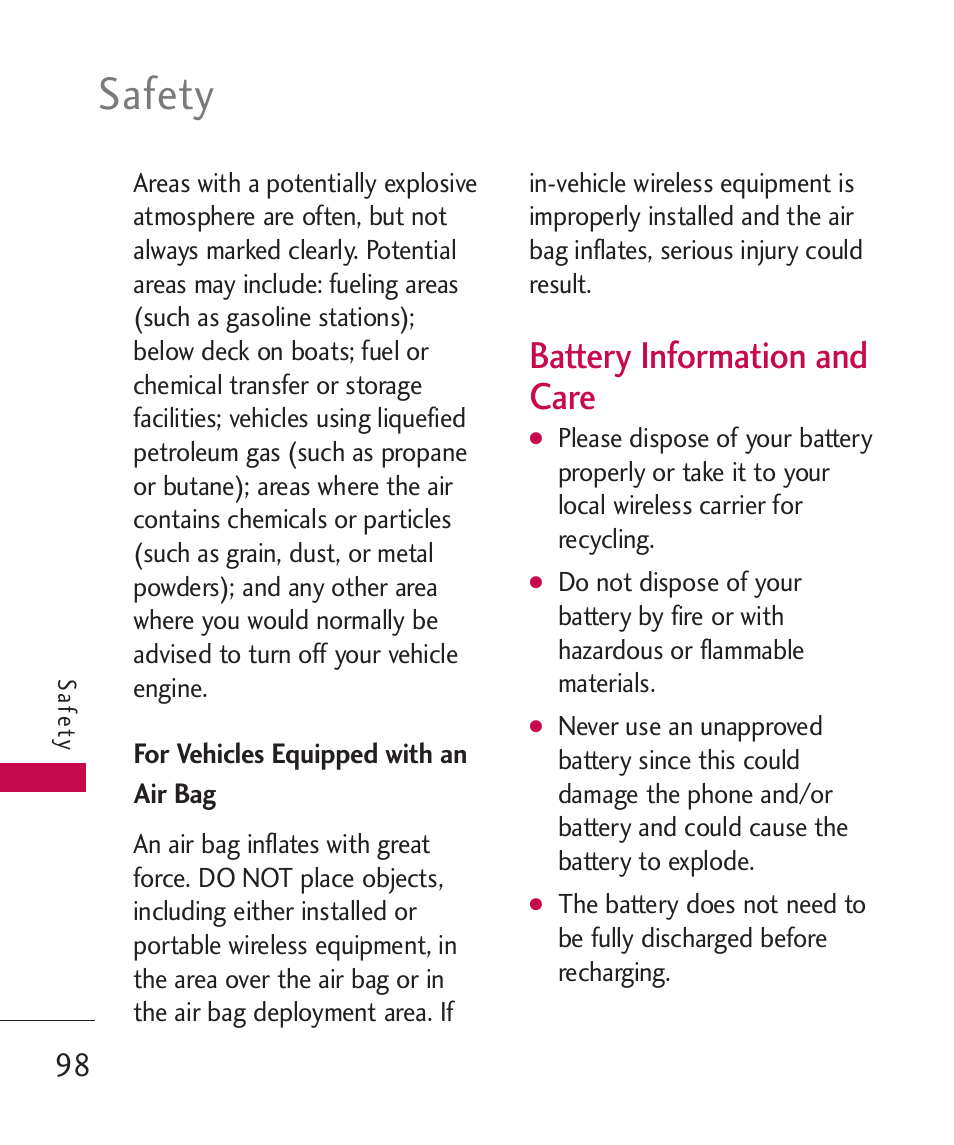 For vehicles equipped with, Battery information and care, For vehicles equipped with an air bag | Battery information and care, Safety | LG UN270 User Manual | Page 100 / 282