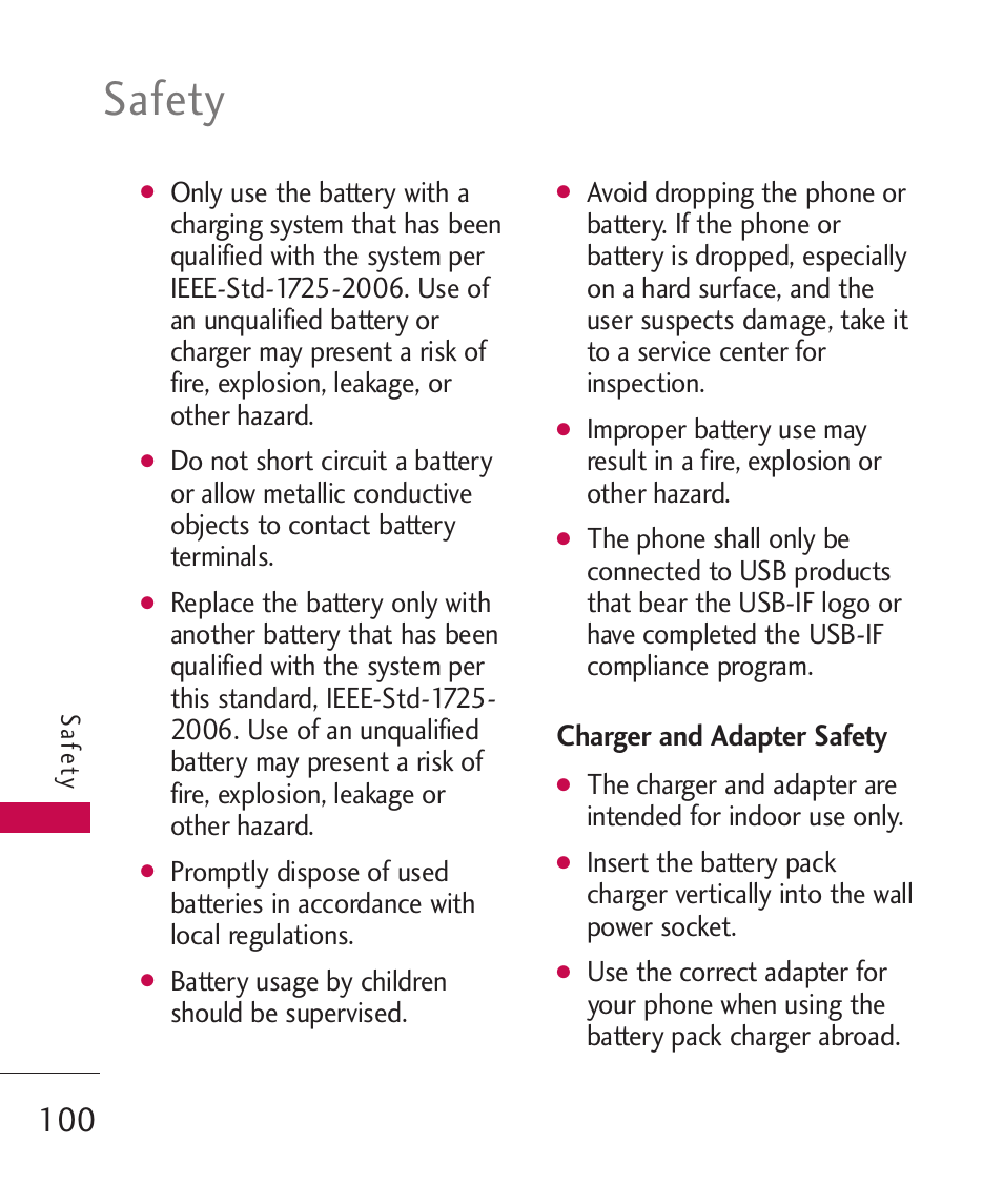 Charger and adapter safety, Safety | LG UN270 User Manual | Page 102 / 282