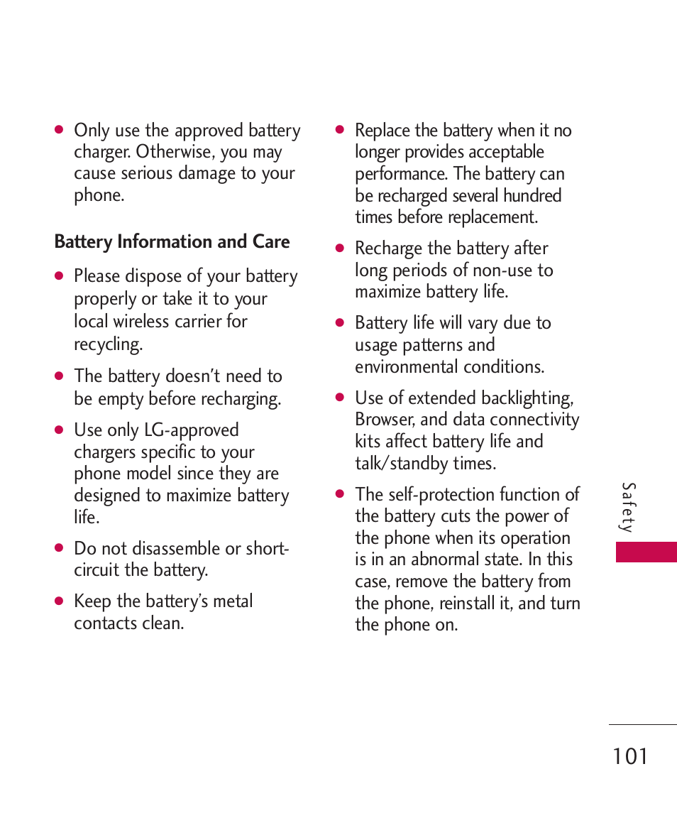 Battery information and care, Do not disassemble or short- circuit the battery, Keep the battery’s metal contacts clean | LG UN270 User Manual | Page 103 / 282