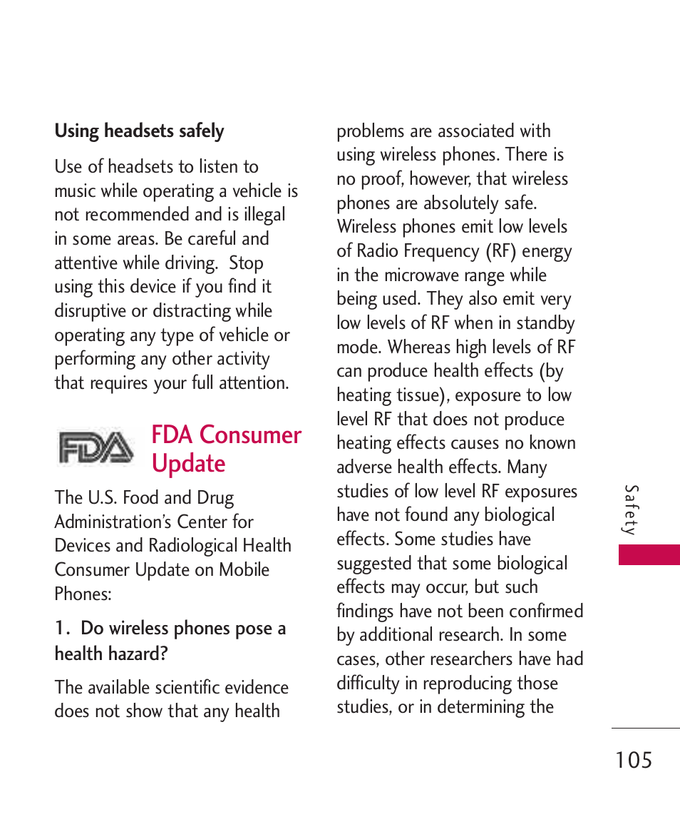 Using headsets safely, Fda consumer update | LG UN270 User Manual | Page 107 / 282