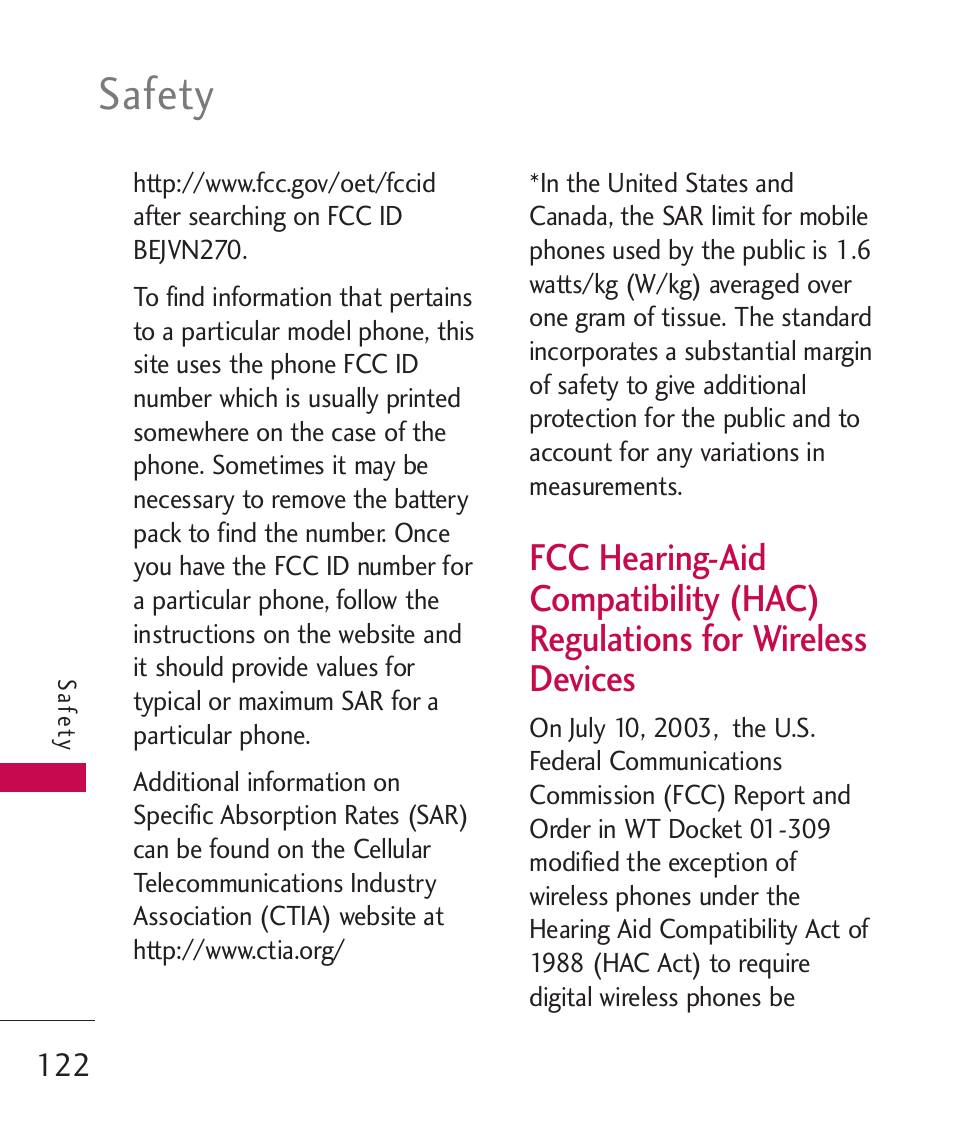 Fcc hearing-aid compatibili, Safety | LG UN270 User Manual | Page 124 / 282