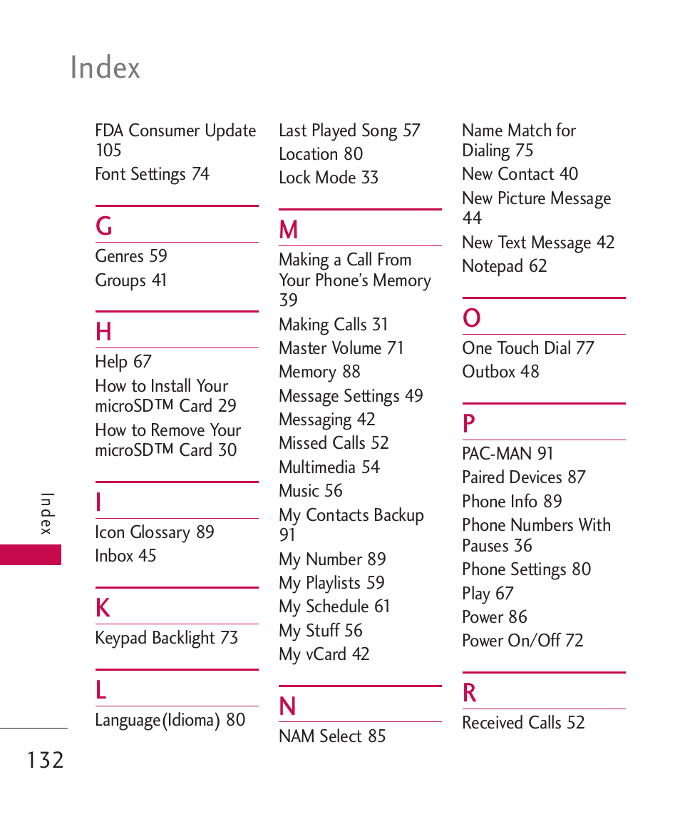 Index | LG UN270 User Manual | Page 134 / 282