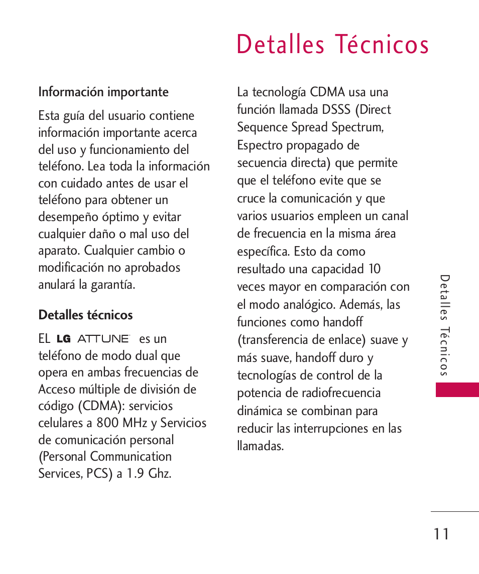 Detalles t?nicos, Detalles técnicos | LG UN270 User Manual | Page 148 / 282