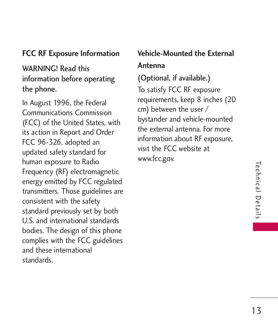 Fcc rf exposure information, Vehicle-mounted the external, Antenna 13 | LG UN270 User Manual | Page 15 / 282