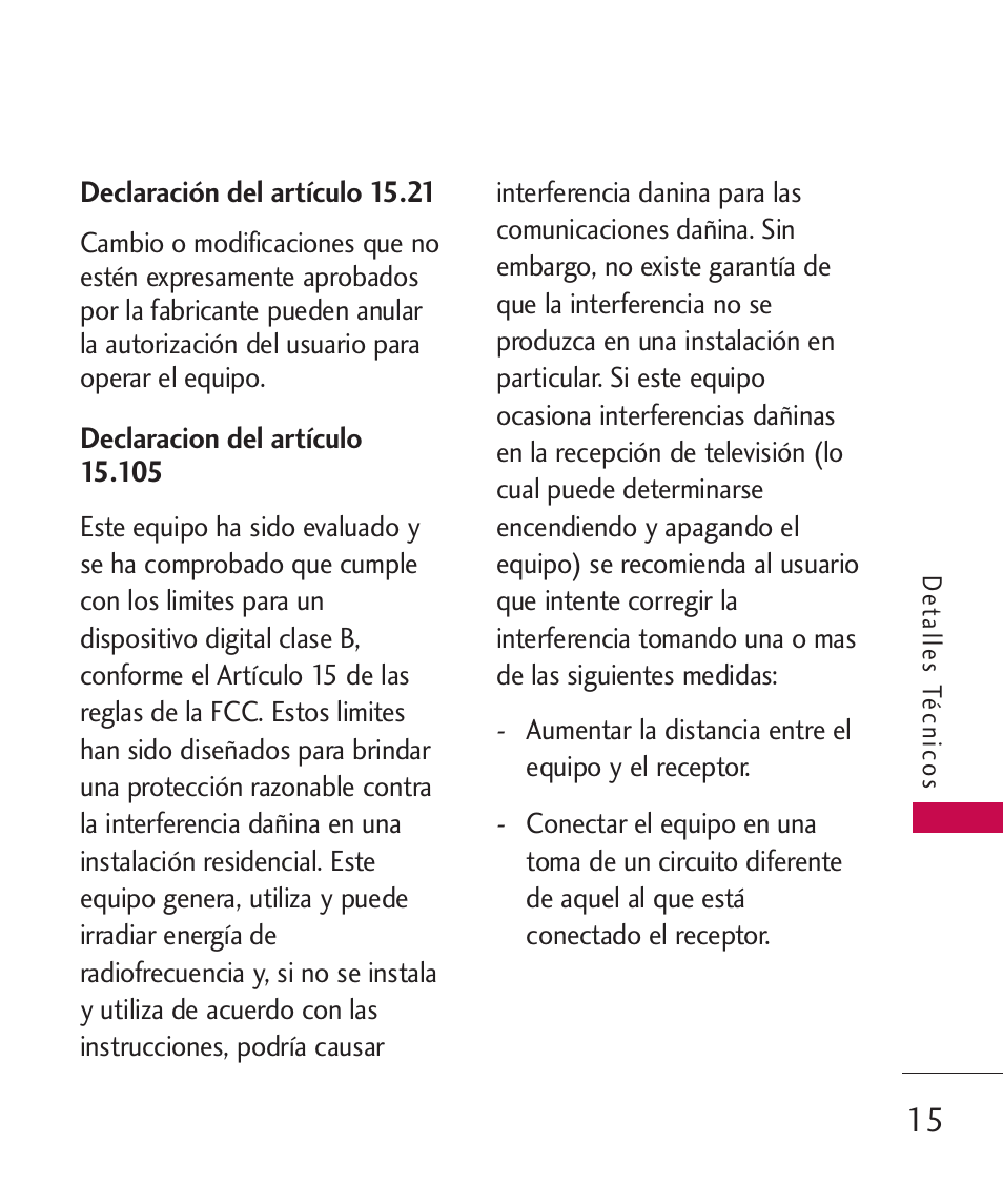 Declaracion del art?ulo 15.105, Declaracion del artículo 15.105 | LG UN270 User Manual | Page 152 / 282