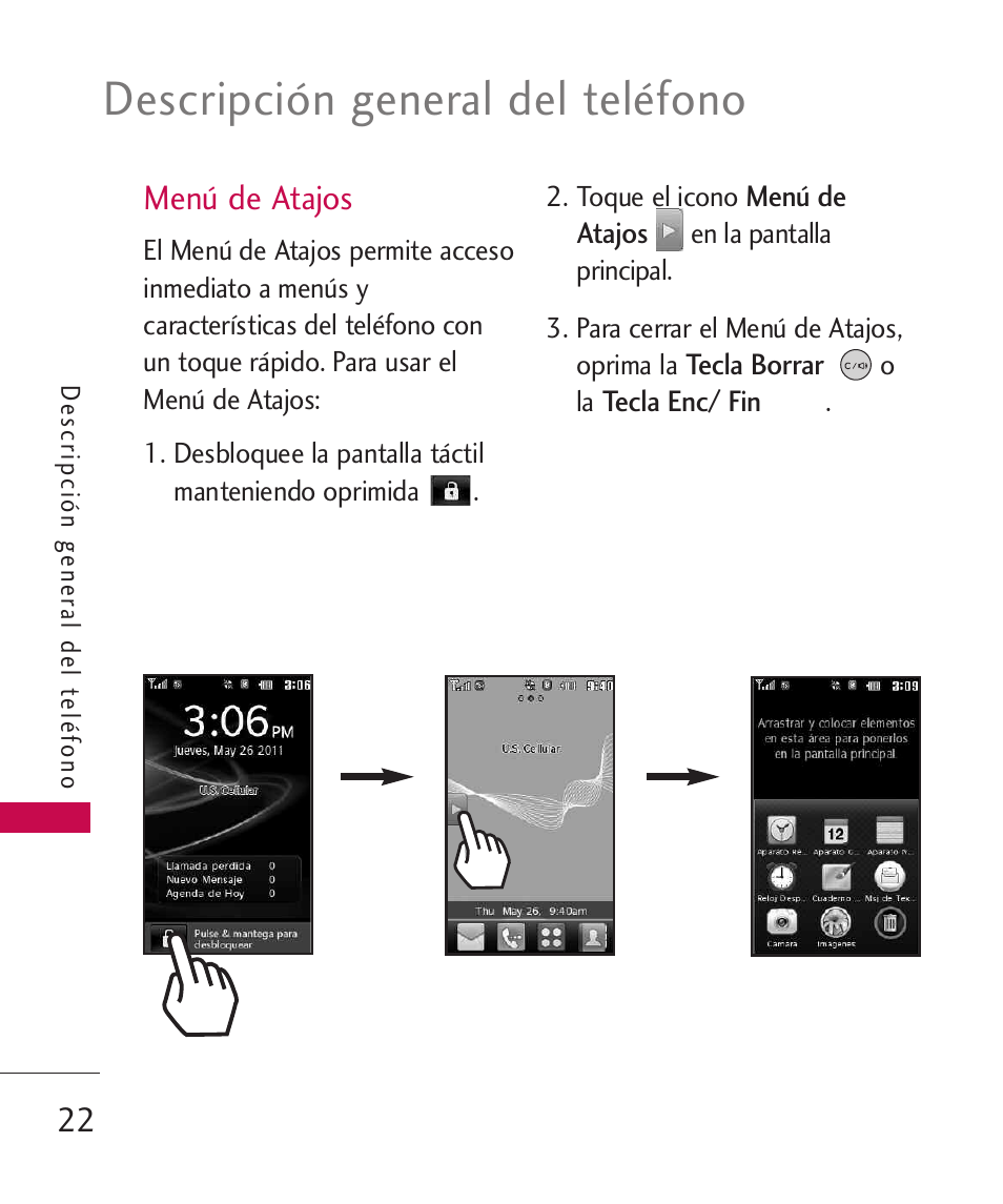 Men?de atajos, Menú de atajos, Descripción general del teléfono | LG UN270 User Manual | Page 159 / 282