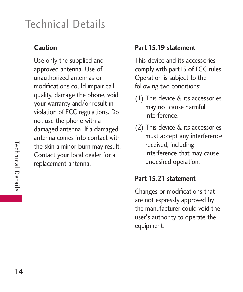 Caution, Part 15.19 statement, Part 15.21 statement | Technical details | LG UN270 User Manual | Page 16 / 282