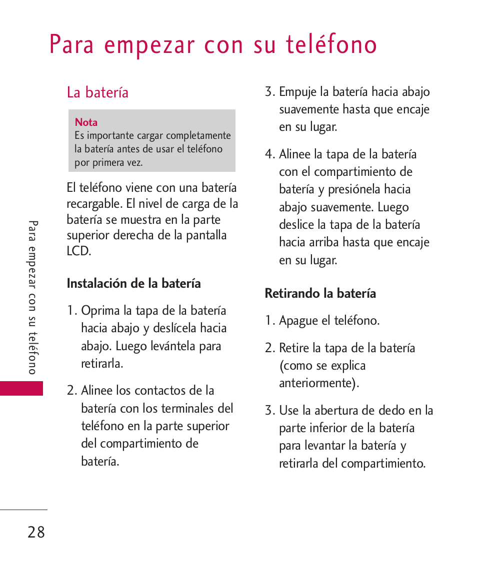 Para empezar con su tel?ono, La bater, Instalaci? de la bater | Retirando la bater, Para empezar con su teléfono, La batería, Instalación de la batería, Retirando la batería | LG UN270 User Manual | Page 165 / 282