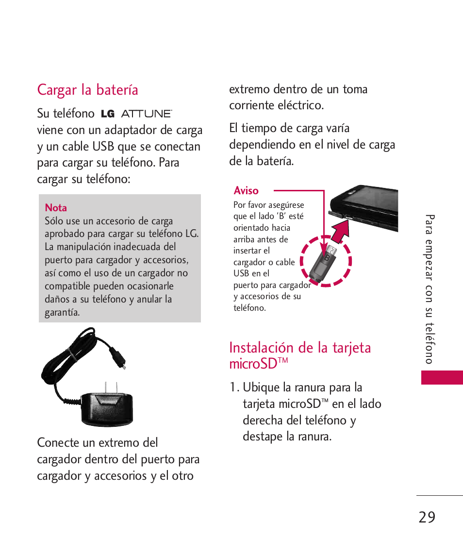 Cargar la bater, Instalaci? de la tarjeta m, Cargar la batería | Instalación de la tarjeta microsd | LG UN270 User Manual | Page 166 / 282