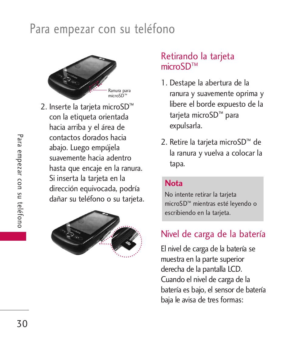 Retirando la tarjeta microsdtm, Nivel de carga de la bater, Retirando la tarjeta microsd | Nivel de carga de la batería, Para empezar con su teléfono, Nota | LG UN270 User Manual | Page 167 / 282