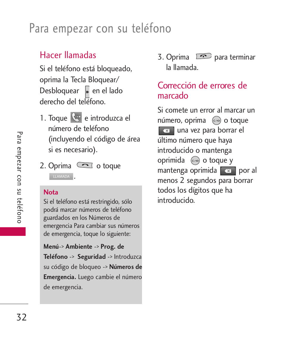 Hacer llamadas, Correcci? de errores de ma, Corrección de errores de marcado | Para empezar con su teléfono | LG UN270 User Manual | Page 169 / 282