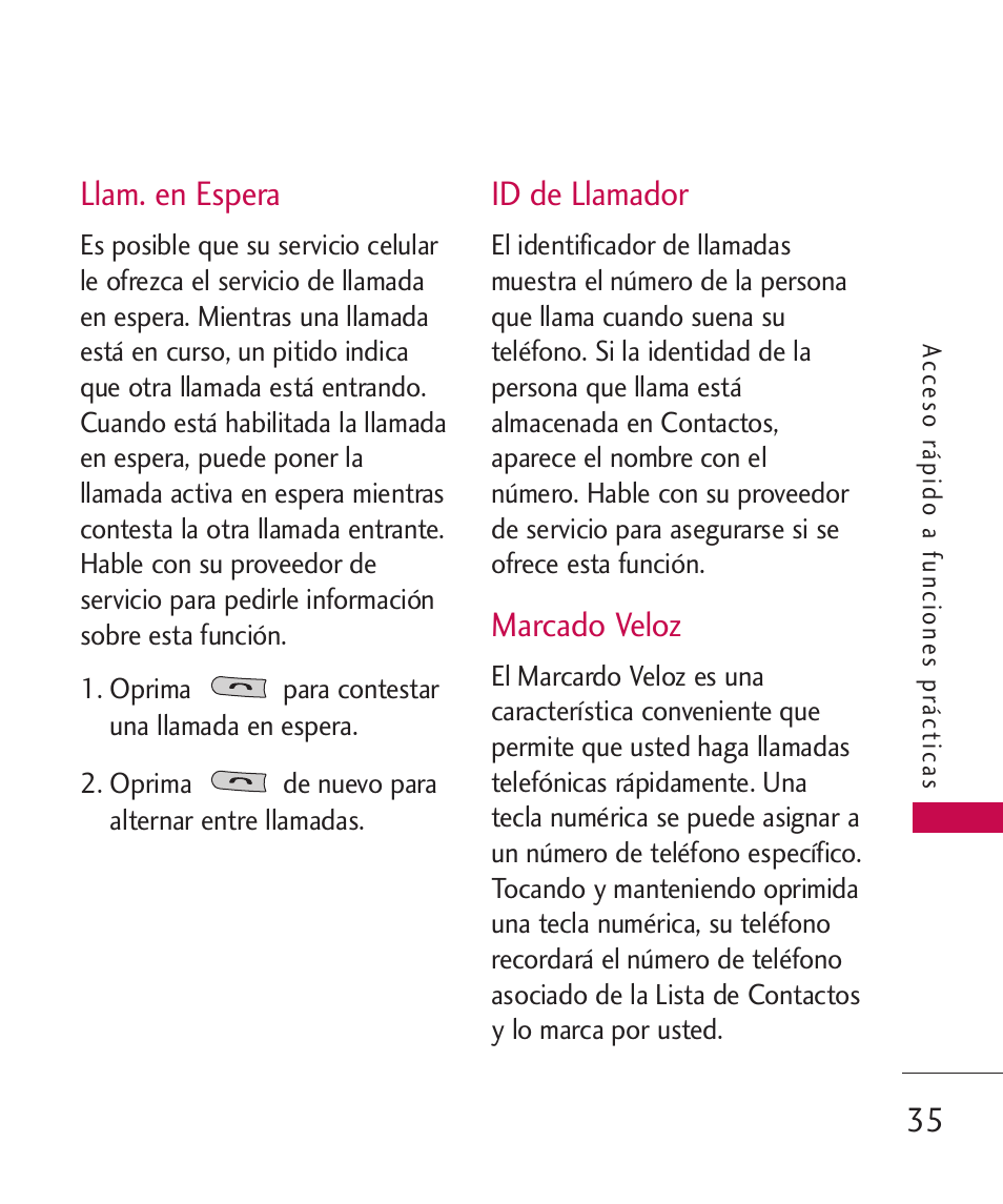 Llam. en espera, Id de llamador, Marcado veloz | LG UN270 User Manual | Page 172 / 282