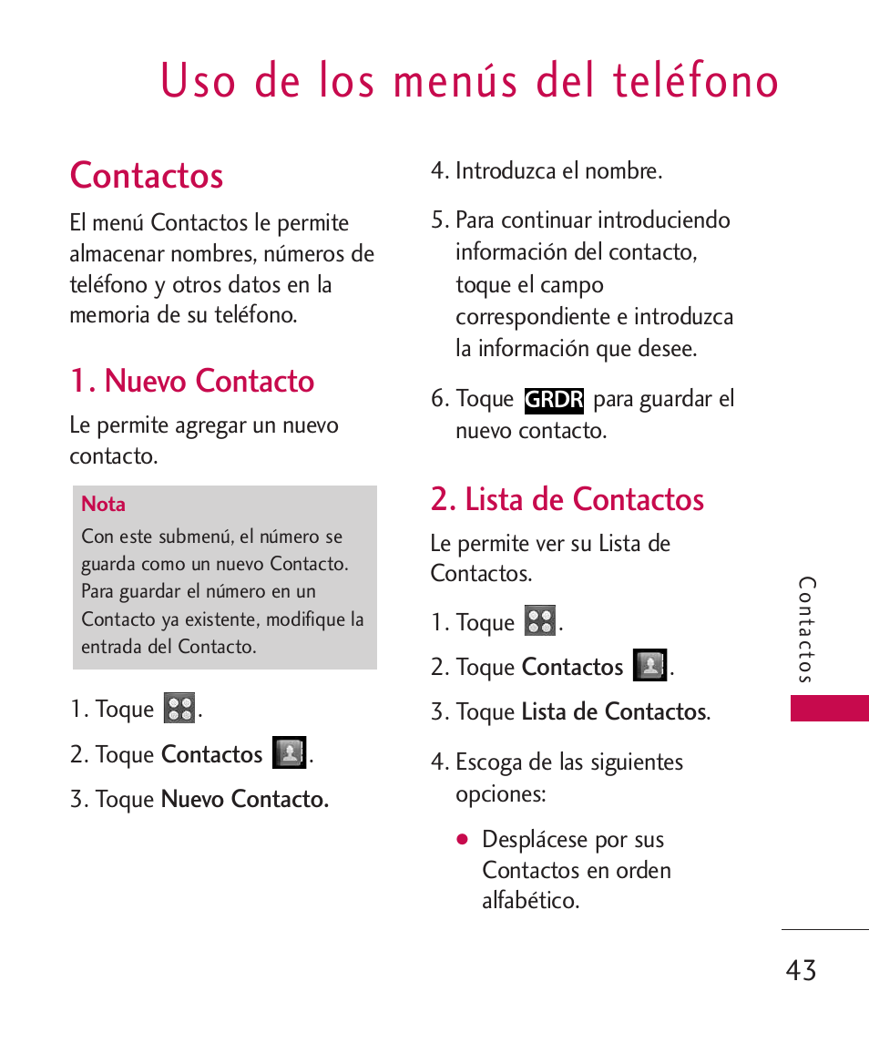 Uso de los men? del tel?ono, Contactos, Nuevo contacto | Lista de contactos, Uso de los menús del teléfono | LG UN270 User Manual | Page 180 / 282