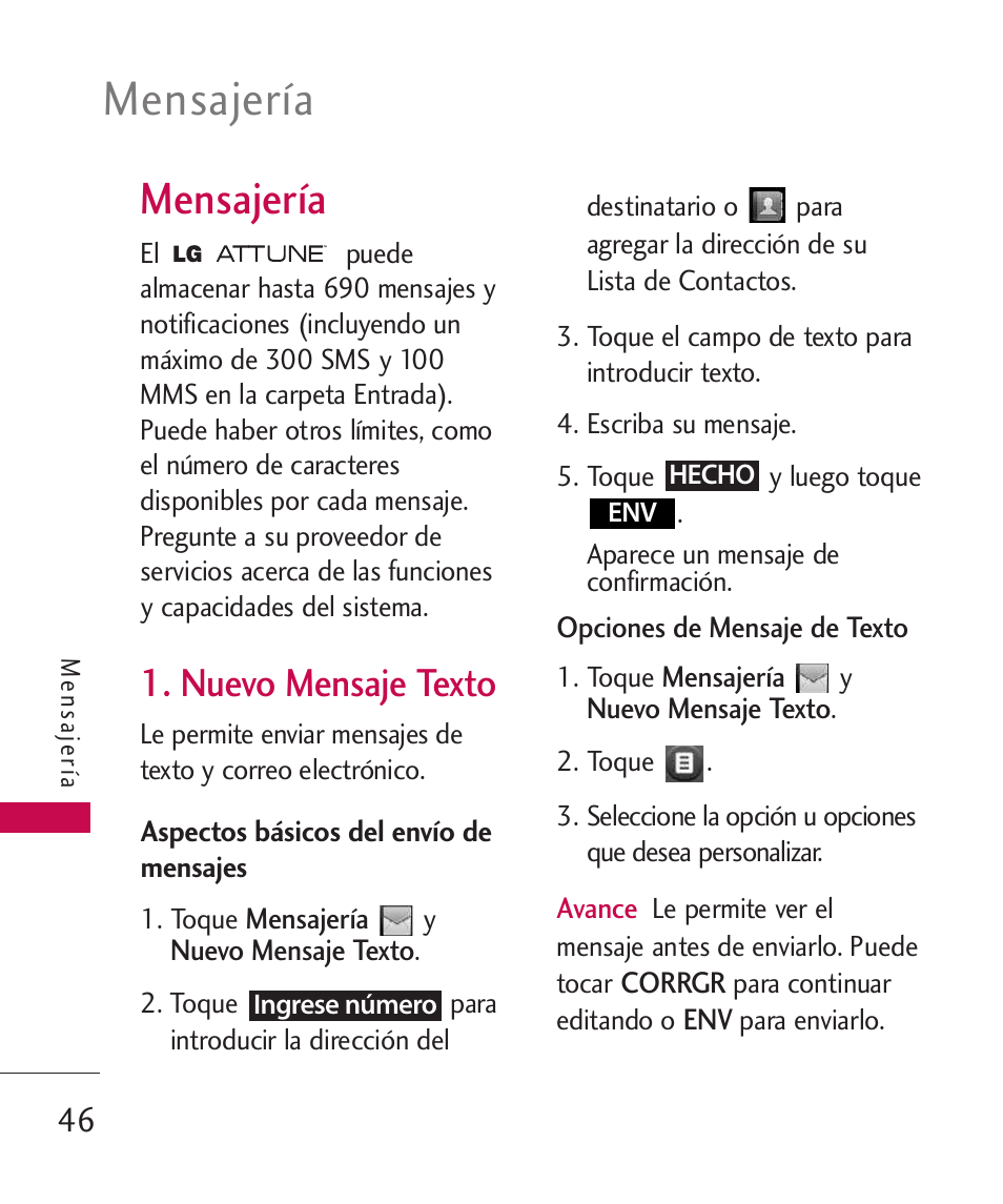 Mensajer, Nuevo mensaje texto, Mensajería | LG UN270 User Manual | Page 183 / 282