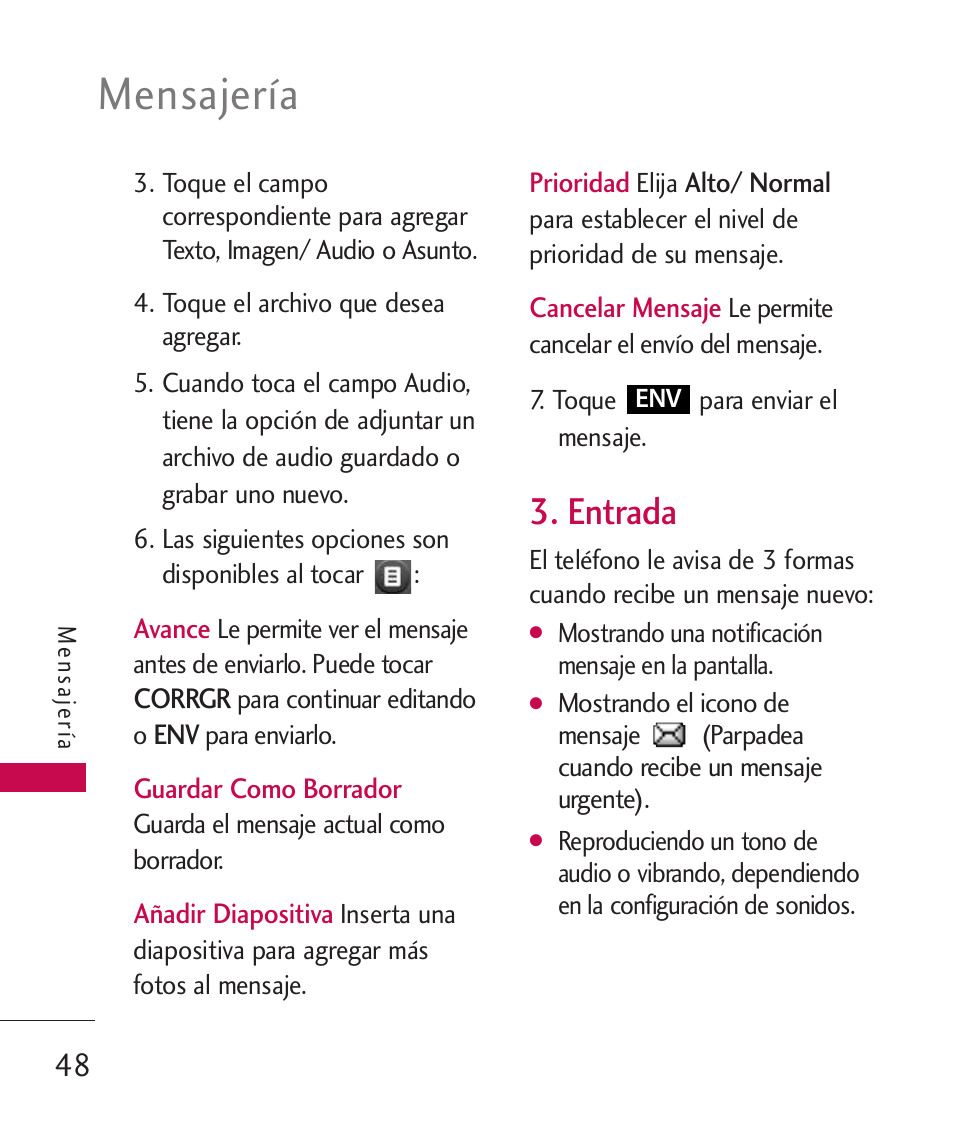Entrada, Mensajería | LG UN270 User Manual | Page 185 / 282