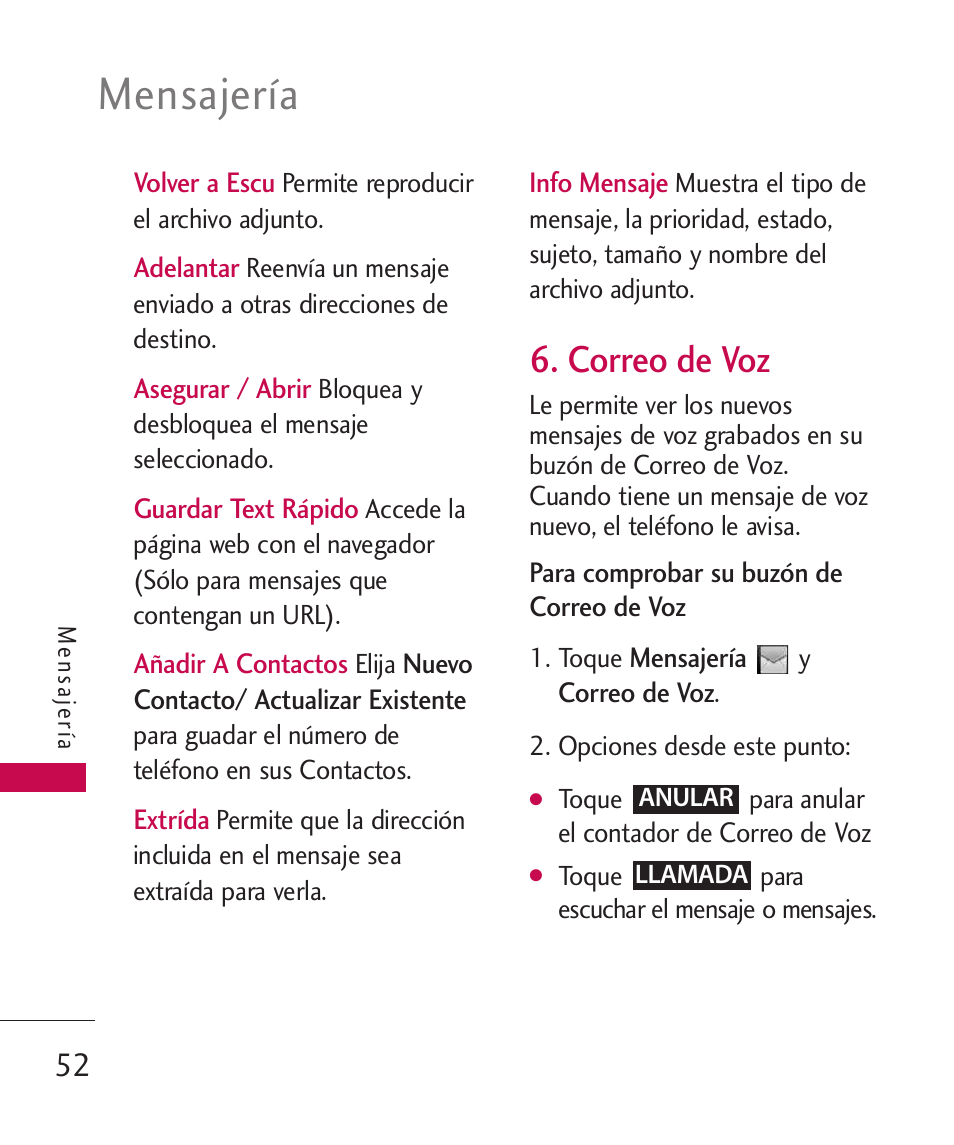 Correo de voz, Mensajería | LG UN270 User Manual | Page 189 / 282