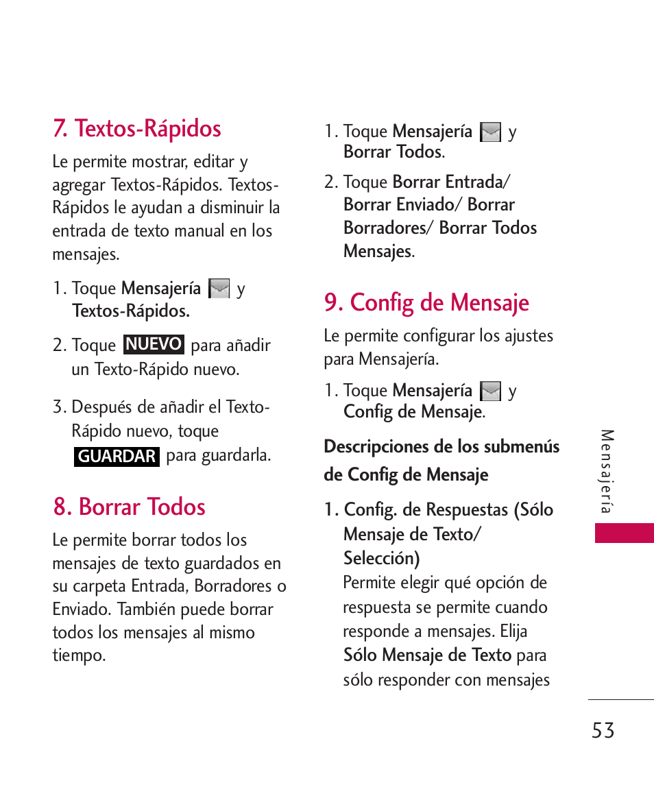 Textos-r?idos, Borrar todos, Config de mensaje | Textos-rápidos | LG UN270 User Manual | Page 190 / 282