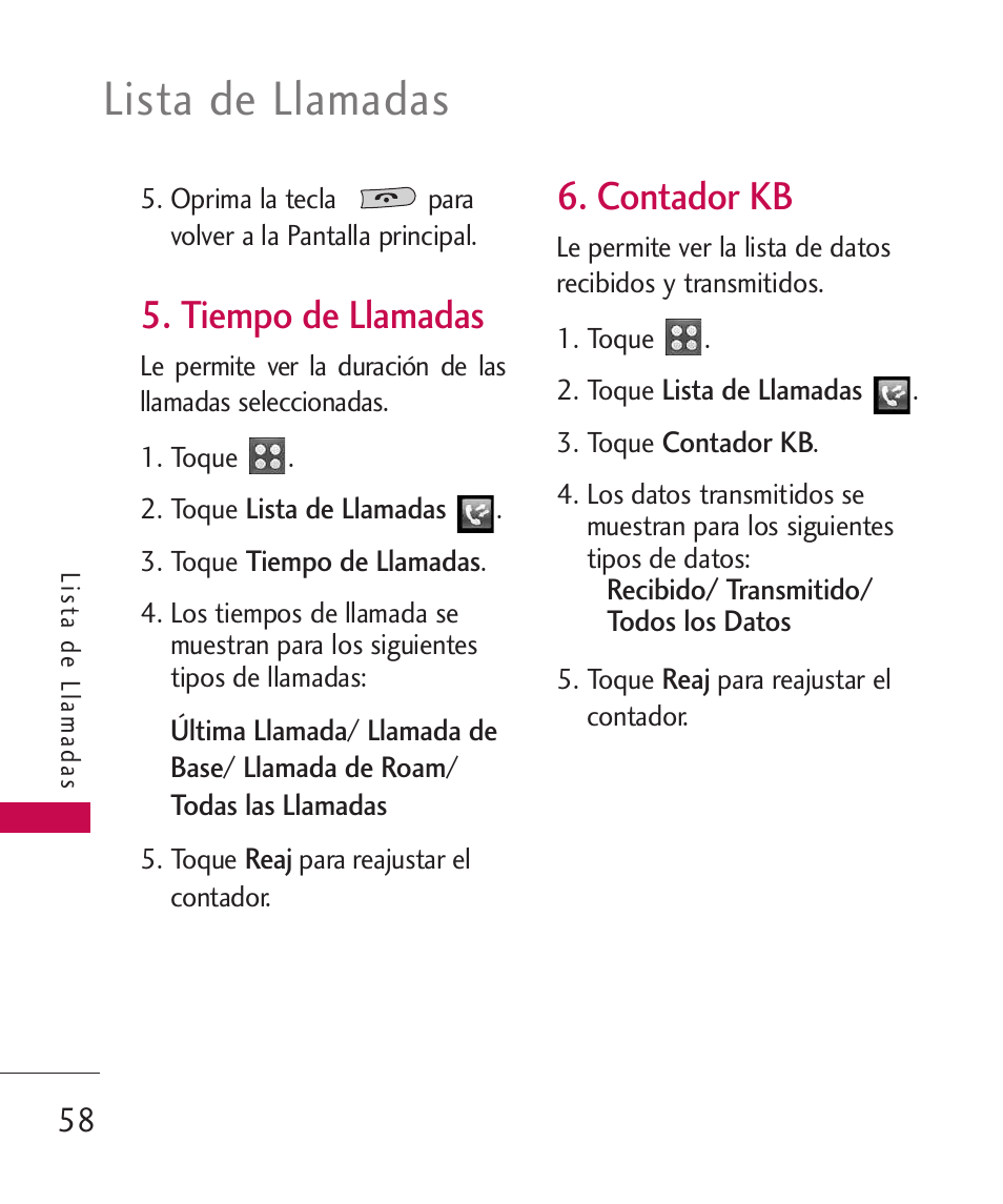 Tiempo de llamadas, Contador kb, Lista de llamadas | LG UN270 User Manual | Page 195 / 282