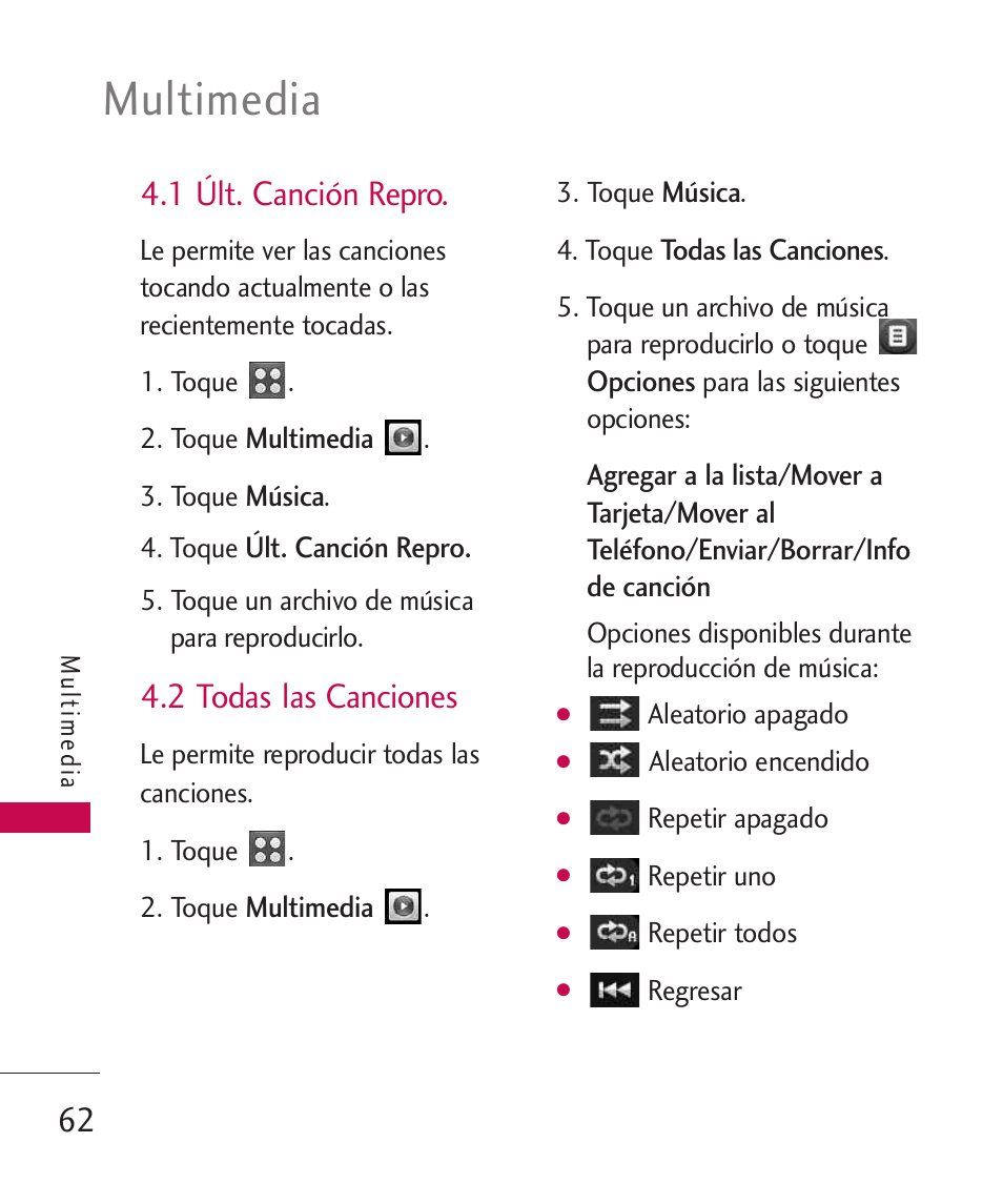 1 ?t. canci? repro, 2 todas las canciones, 1 últ. canción repro | Multimedia | LG UN270 User Manual | Page 199 / 282