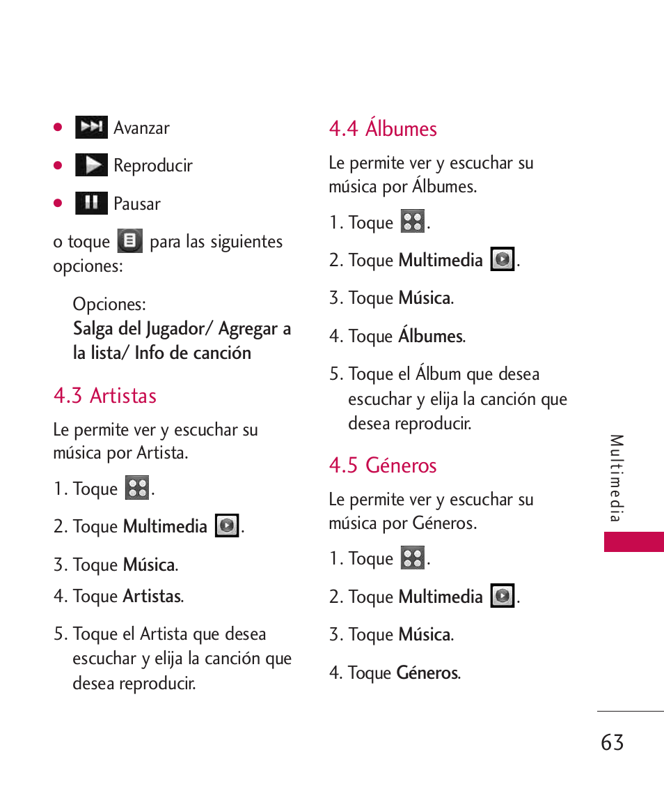 3 artistas, 4 ?bumes, 5 g?eros | 4 álbumes, 5 géneros | LG UN270 User Manual | Page 200 / 282
