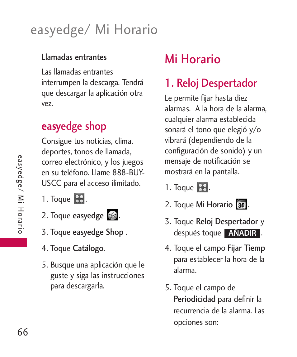 Mi horario, Reloj despertador, Easyedge/ mi horario | Easy edge shop | LG UN270 User Manual | Page 203 / 282