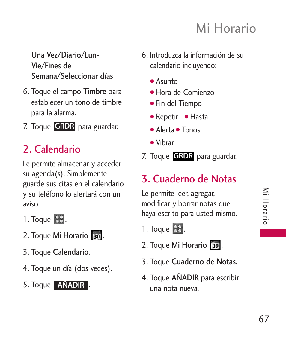 Calendario, Cuaderno de notas, Mi horario | LG UN270 User Manual | Page 204 / 282