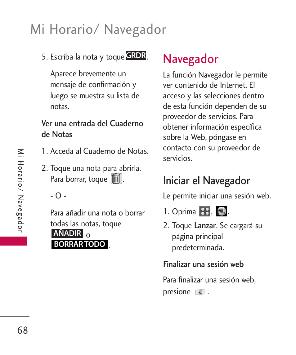 Navegador, Mi horario/ navegador, Iniciar el navegador | LG UN270 User Manual | Page 205 / 282