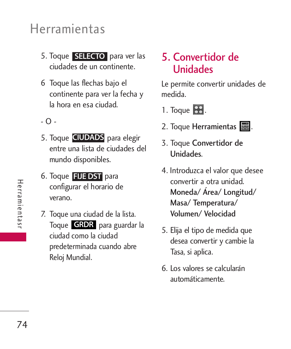 Convertidor de unidades, Convertidor de unidades 74, Herramientas | LG UN270 User Manual | Page 211 / 282