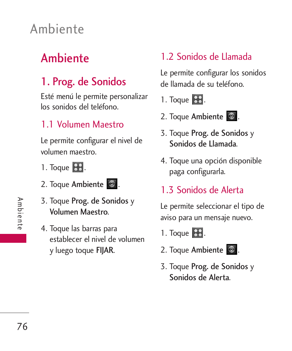 Ambiente, Prog. de sonidos, 1 volumen maestro | 2 sonidos de llamada, 3 sonidos de alerta | LG UN270 User Manual | Page 213 / 282