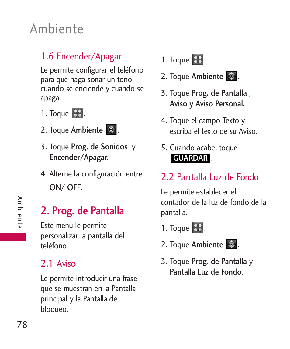 6 encender/apagar, Prog. de pantalla, 1 aviso | 2 pantalla luz de fondo, Ambiente | LG UN270 User Manual | Page 215 / 282