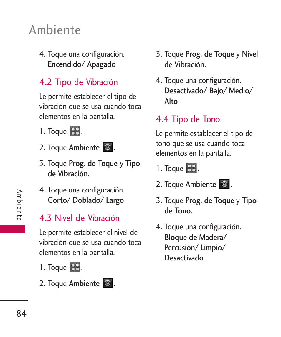 2 tipo de vibraci, 3 nivel de vibraci, 4 tipo de tono | 2 tipo de vibración, 3 nivel de vibración, Ambiente | LG UN270 User Manual | Page 221 / 282