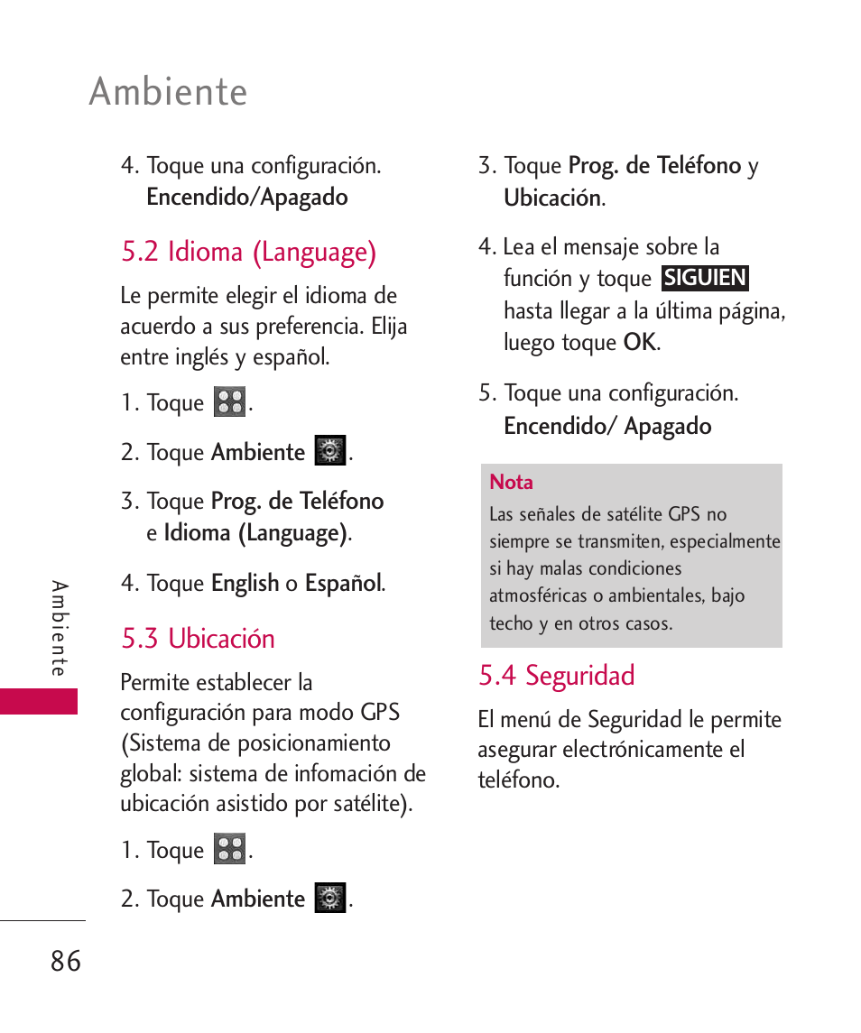 2 idioma (language), 3 ubicaci, 4 seguridad | 3 ubicación, Ambiente | LG UN270 User Manual | Page 223 / 282