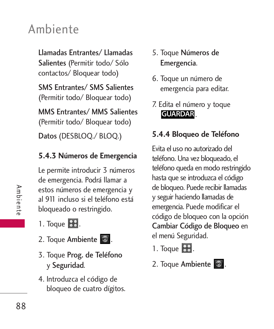 3 n?eros de emergencia, 4 bloqueo de tel?ono, 3 números de emergencia | 4 bloqueo de teléfono, Ambiente | LG UN270 User Manual | Page 225 / 282