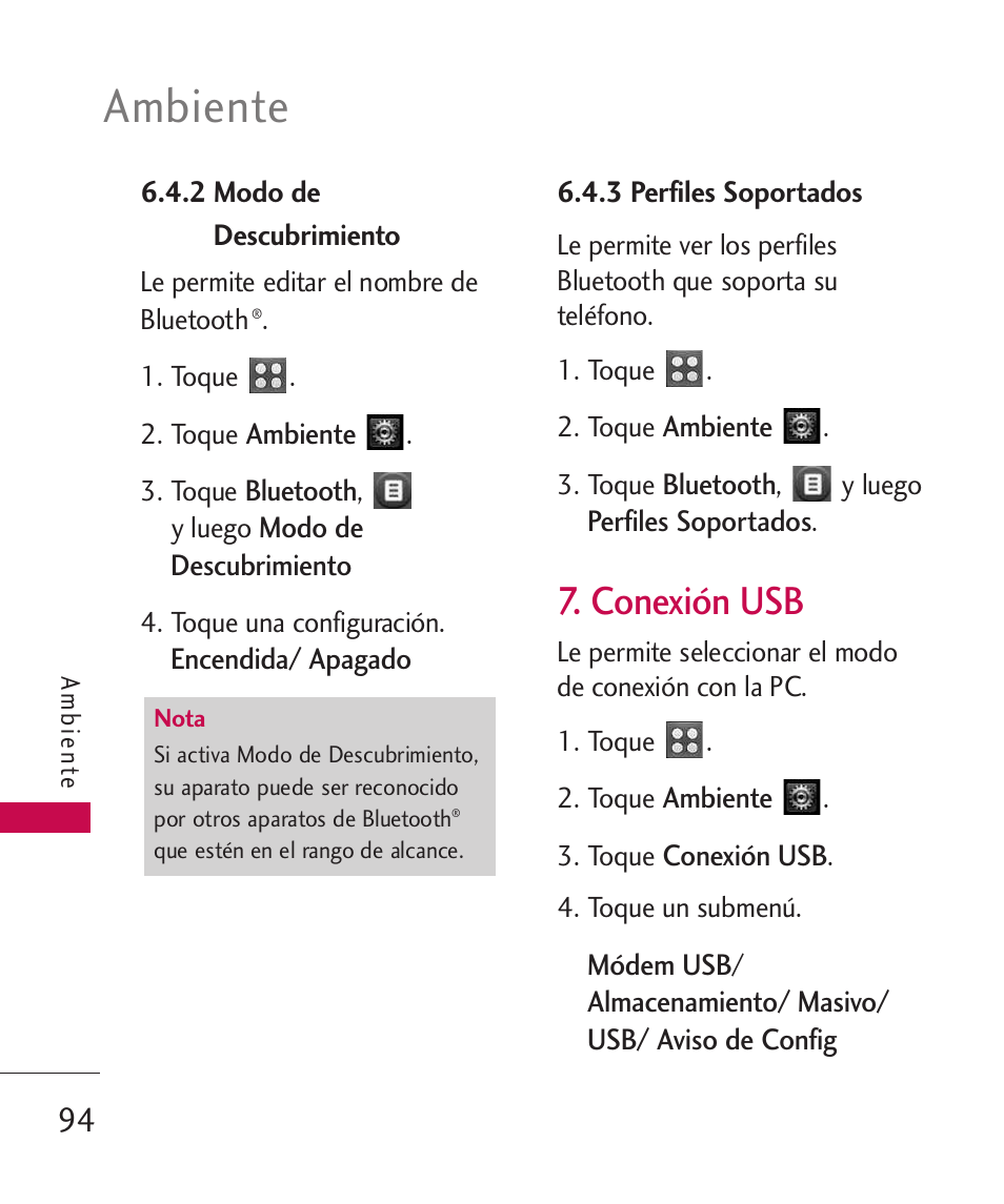 2 modo de descubrimiento, 3 perfiles soportados, Conexi? usb | Conexión usb, Ambiente | LG UN270 User Manual | Page 231 / 282