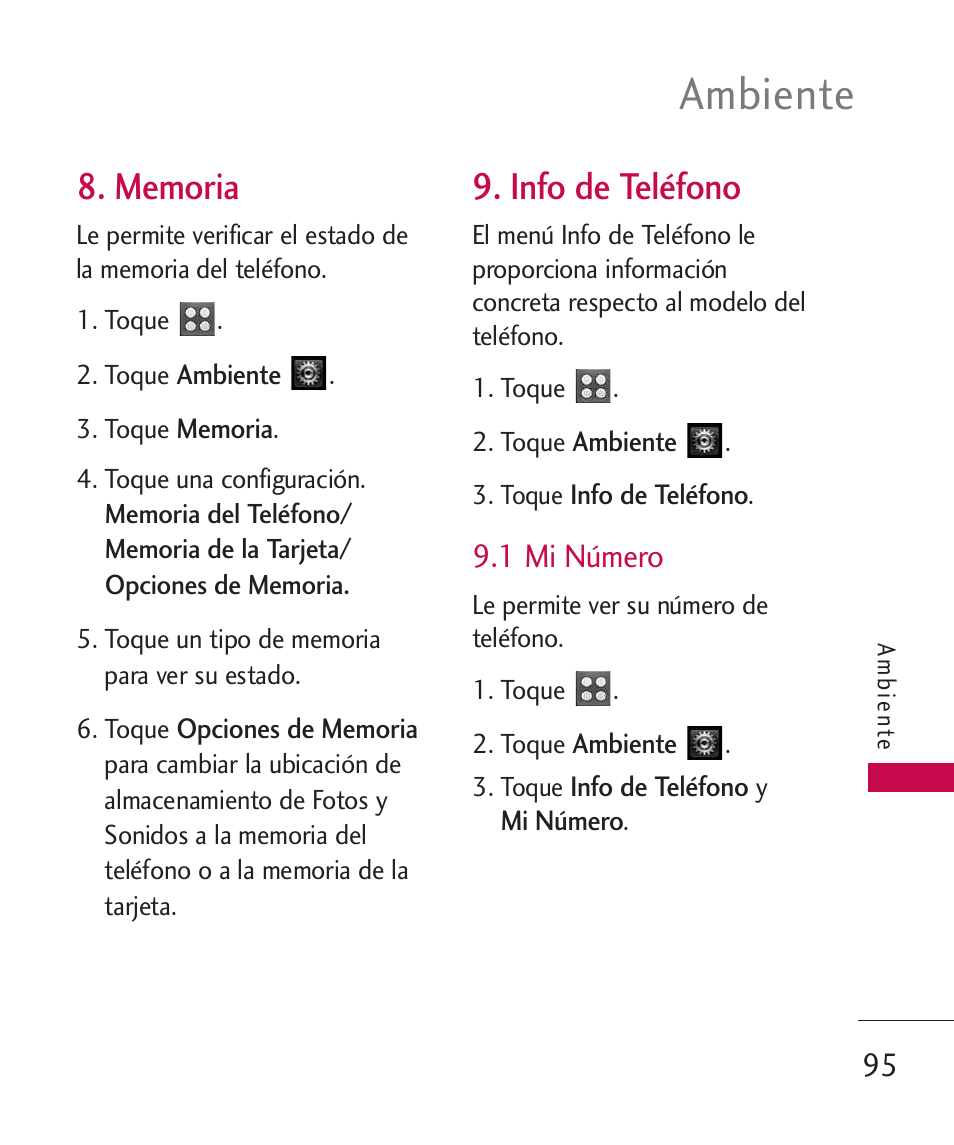 Memoria, Info de tel?ono, Info de teléfono | Ambiente, 1 mi número | LG UN270 User Manual | Page 232 / 282