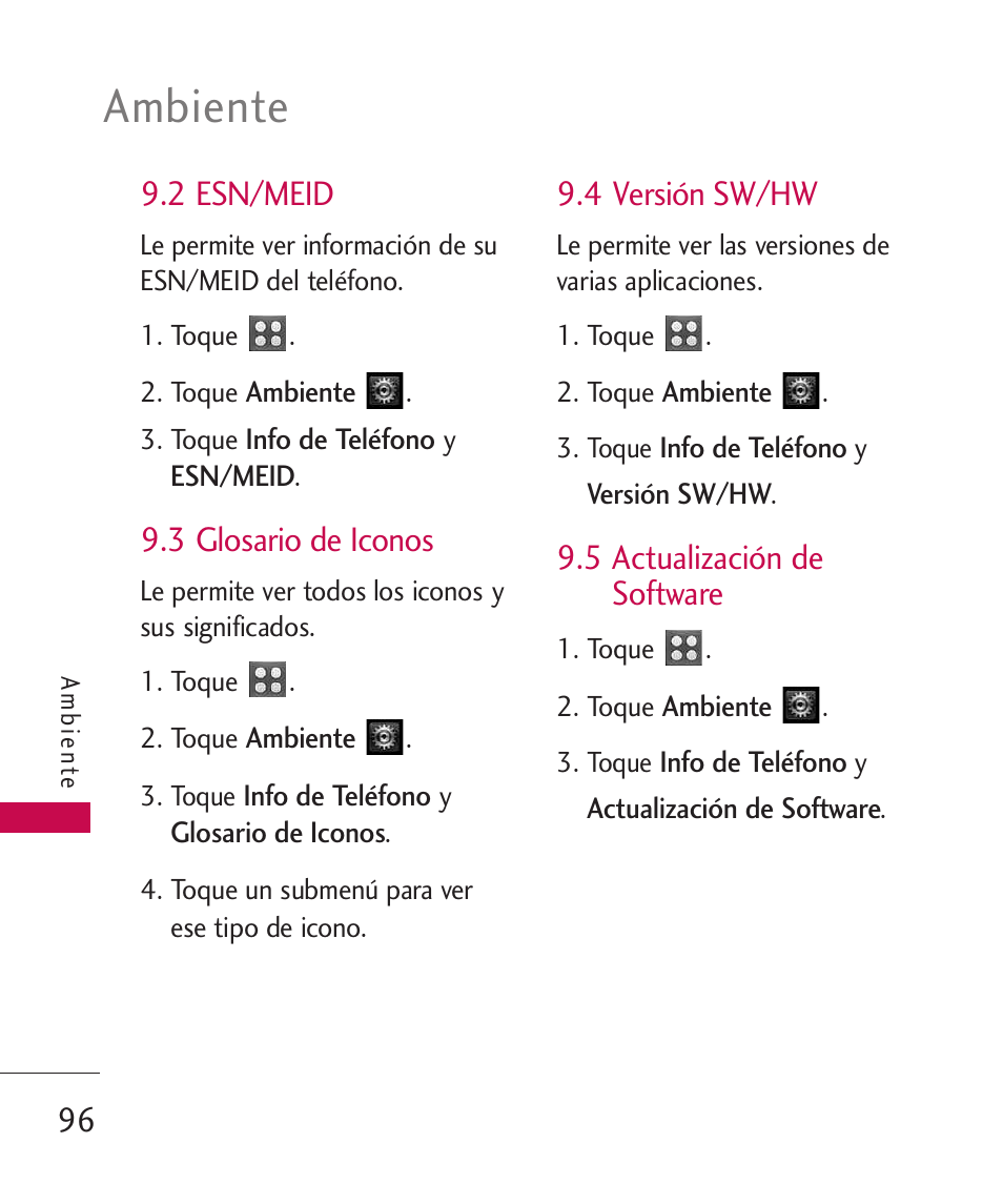 1 mi n?ero, 2 esn/meid, 3 glosario de iconos | 4 versi? sw/hw, 5 actualizaci? de software, 1 mi número, 4 versión sw/hw, 5 actualización de software, Ambiente | LG UN270 User Manual | Page 233 / 282