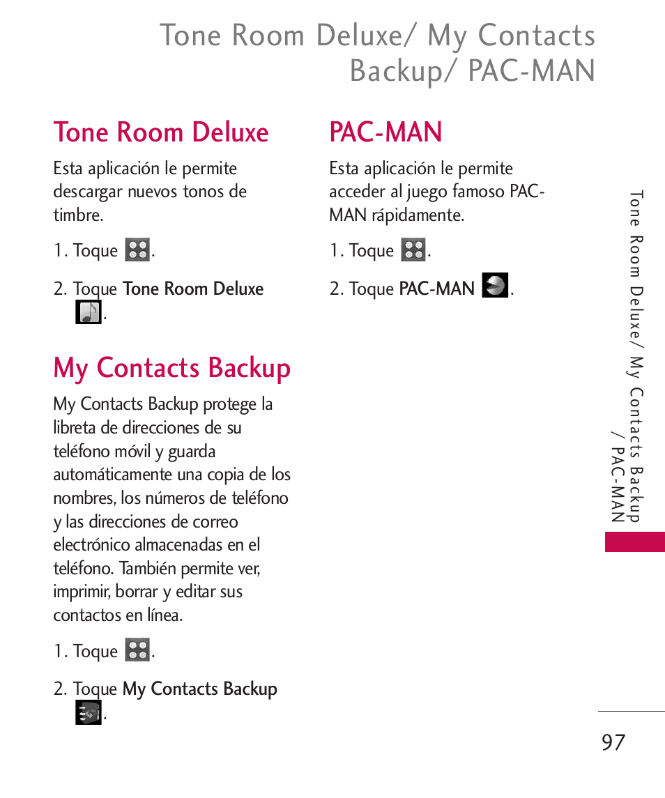 Tone room deluxe, My contacts backup, Pac-man | Tone room deluxe/ my contacts backup/ pac-man | LG UN270 User Manual | Page 234 / 282