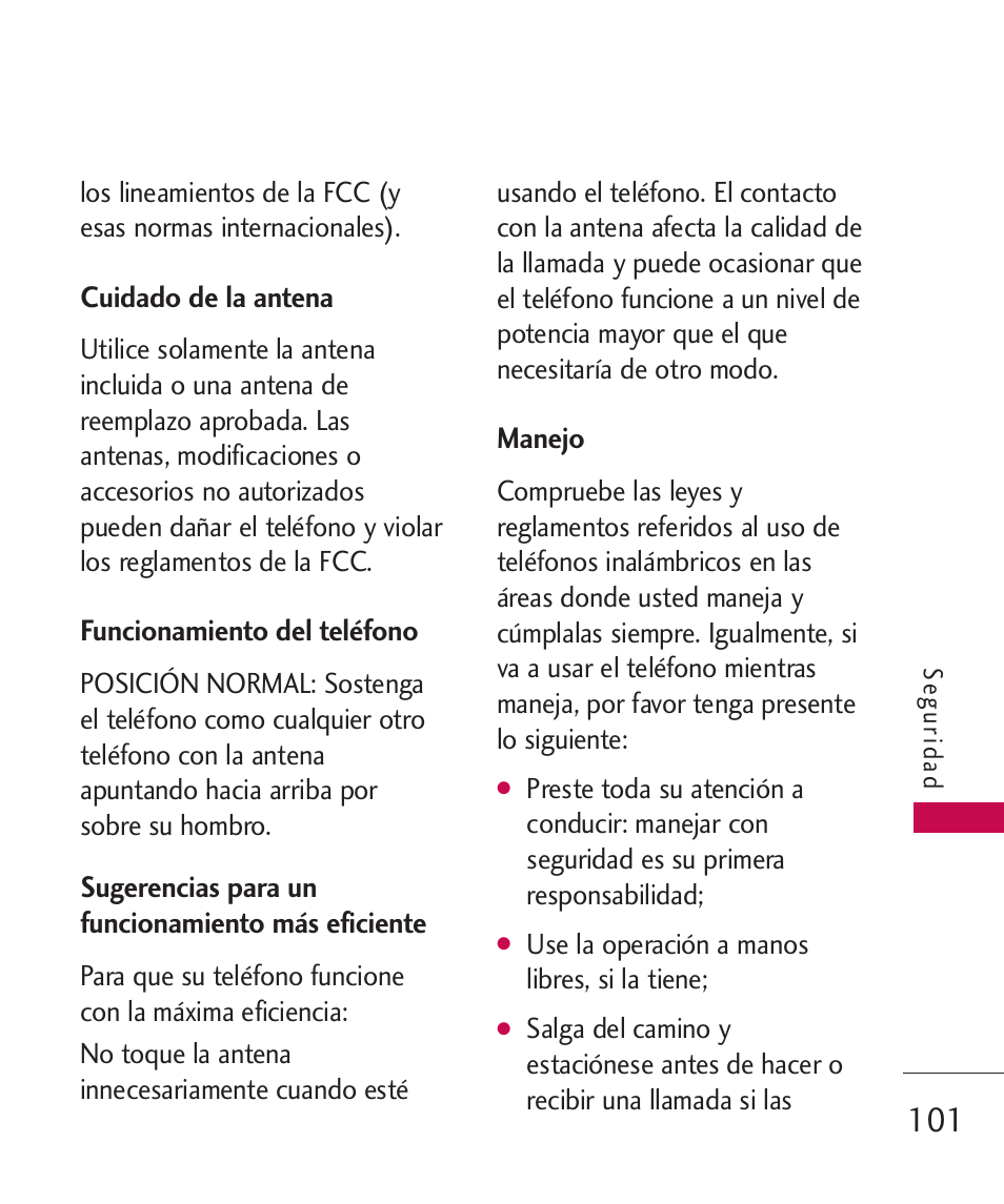 Cuidado de la antena, Funcionamiento del tel?ono, Sugerencias para un funcion | Manejo, Funcionamiento del teléfono, Sugerencias para un funcionamiento más eficiente | LG UN270 User Manual | Page 238 / 282