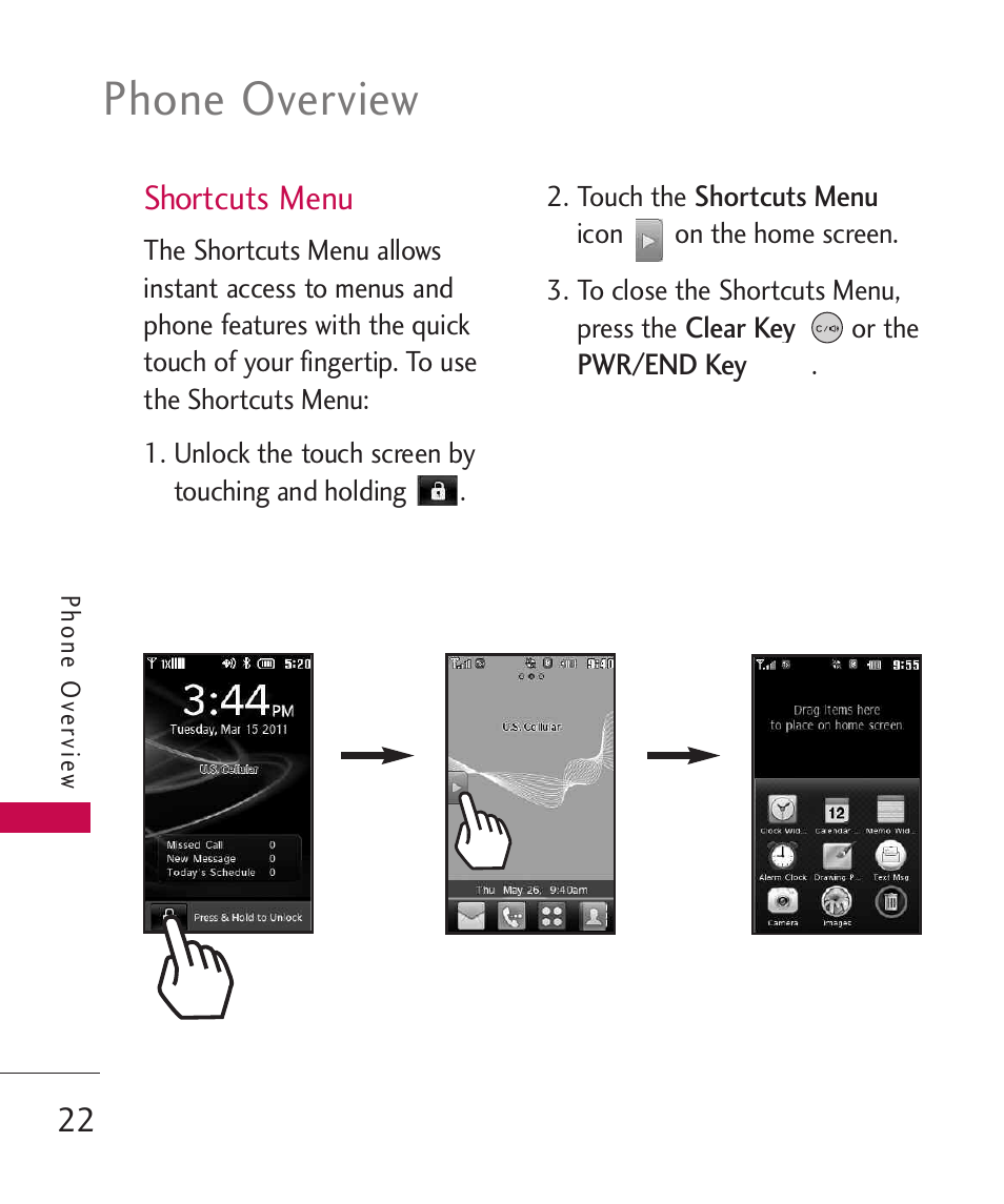 Shortcuts menu, Phone overview | LG UN270 User Manual | Page 24 / 282