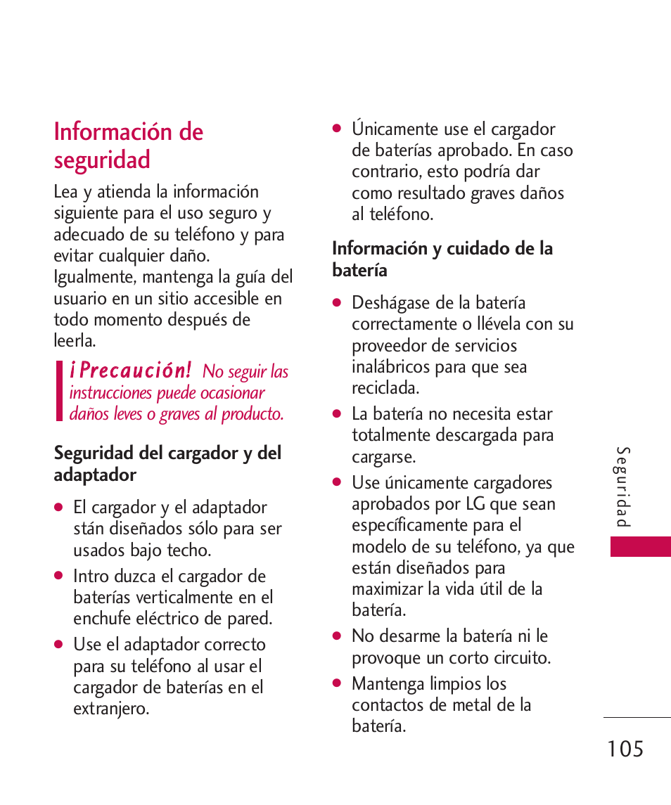 Informaci? de seguridad, Seguridad del cargador y del, Informaci? y cuidado de la | Información de seguridad, Seguridad del cargador y del adaptador, Información y cuidado de la batería | LG UN270 User Manual | Page 242 / 282