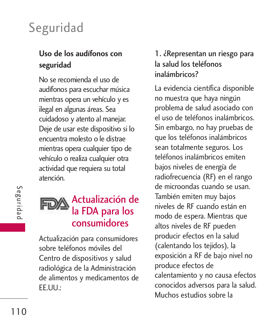 Uso de los aud?onos con se, Actualizaci? de la fda par, Uso de los audífonos con seguridad | Actualización de la fda para los consumidores, Seguridad | LG UN270 User Manual | Page 247 / 282