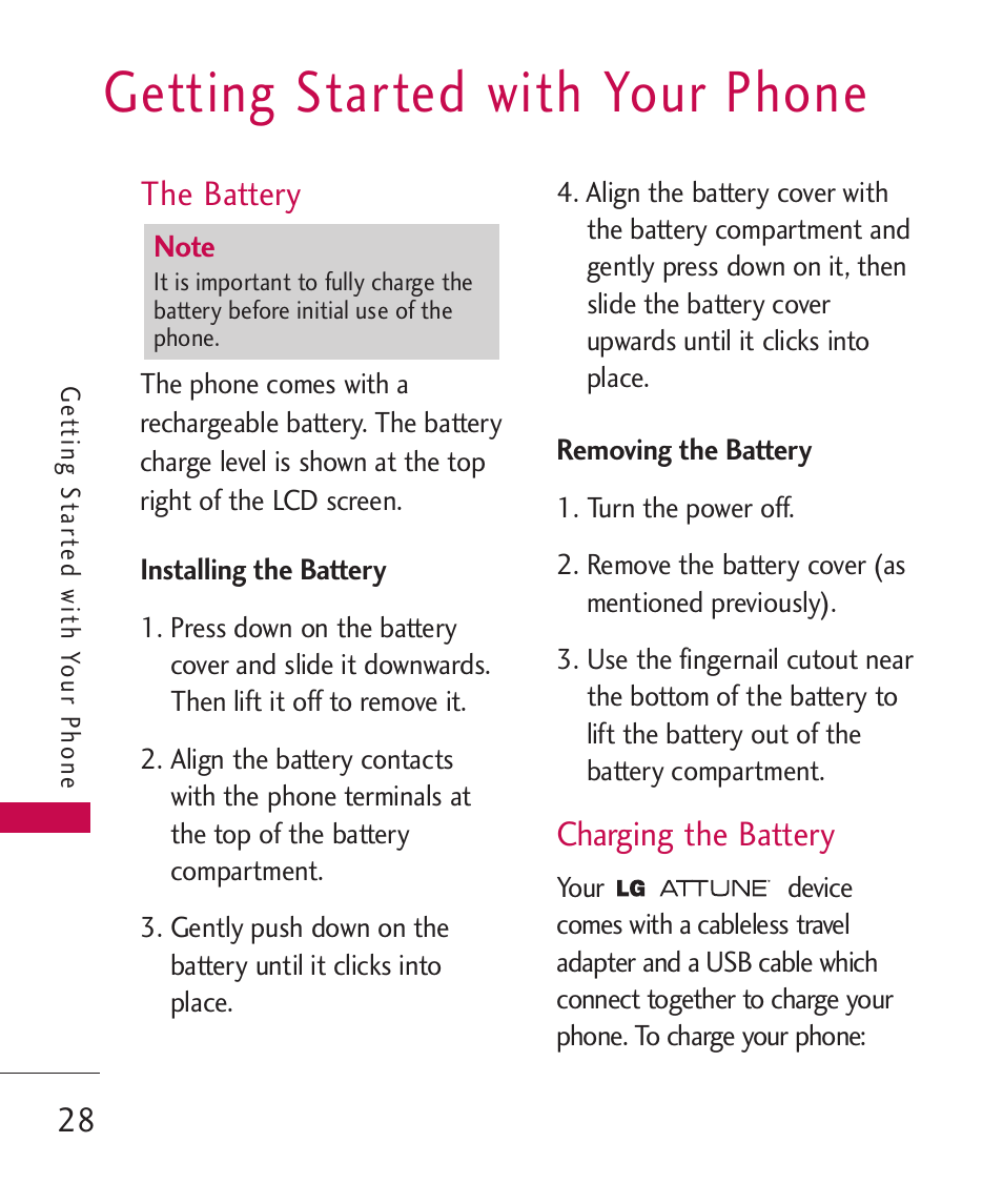 Getting started with your phone, The battery, Installing the battery | Removing the battery, Charging the battery | LG UN270 User Manual | Page 30 / 282