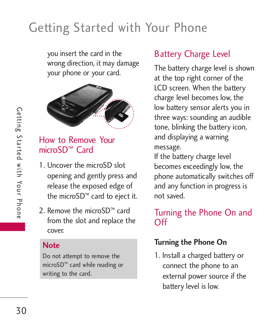 How to remove your microsd, Battery charge level, Turning the phone on and off | Turning the phone on, How to remove your, Microsd™ card, Getting started with your phone, Card | LG UN270 User Manual | Page 32 / 282