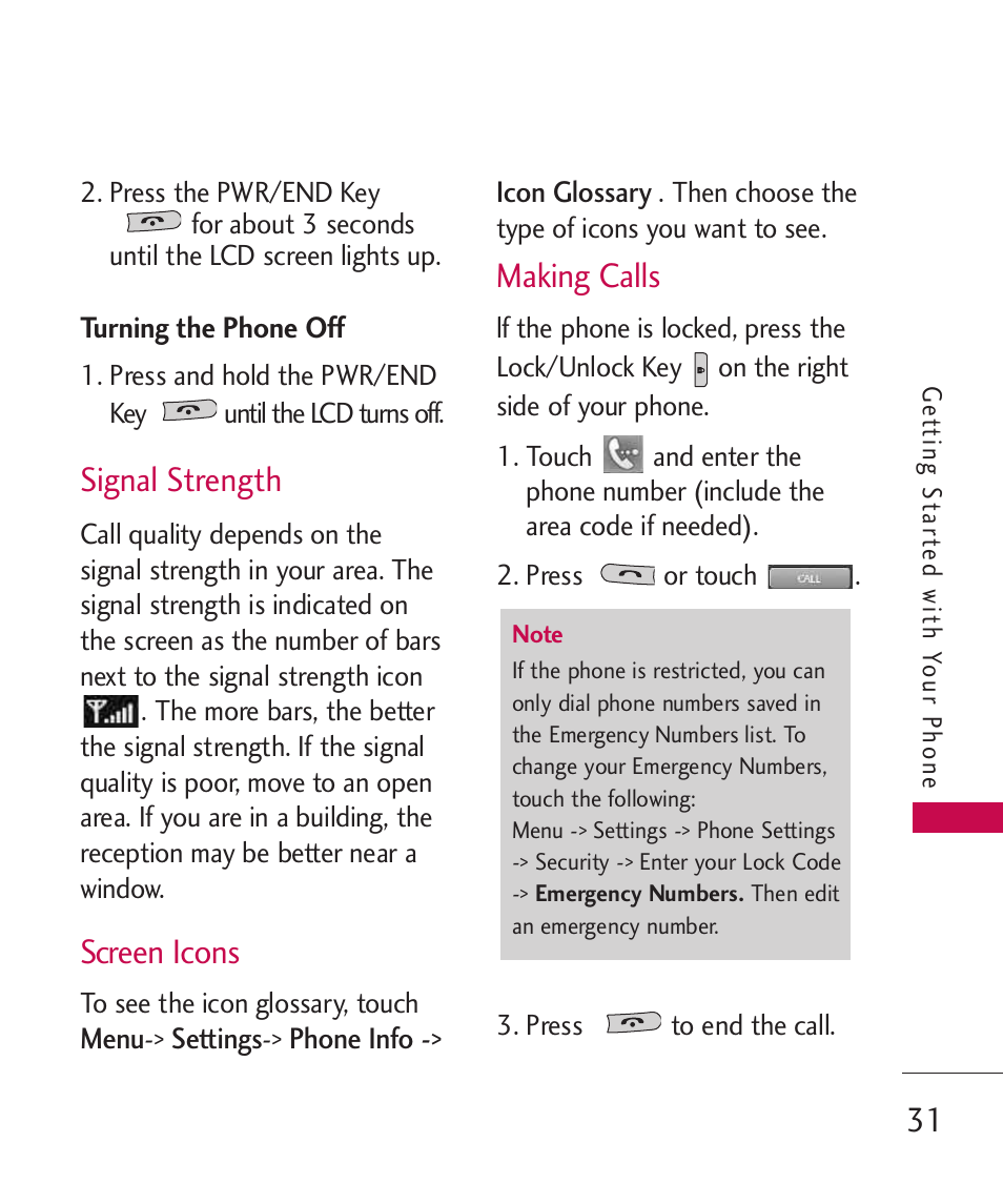 Turning the phone off, Signal strength, Screen icons | Making calls | LG UN270 User Manual | Page 33 / 282