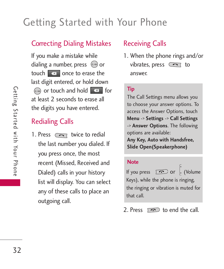 Correcting dialing mistakes, Redialing calls, Receiving calls | Getting started with your phone | LG UN270 User Manual | Page 34 / 282