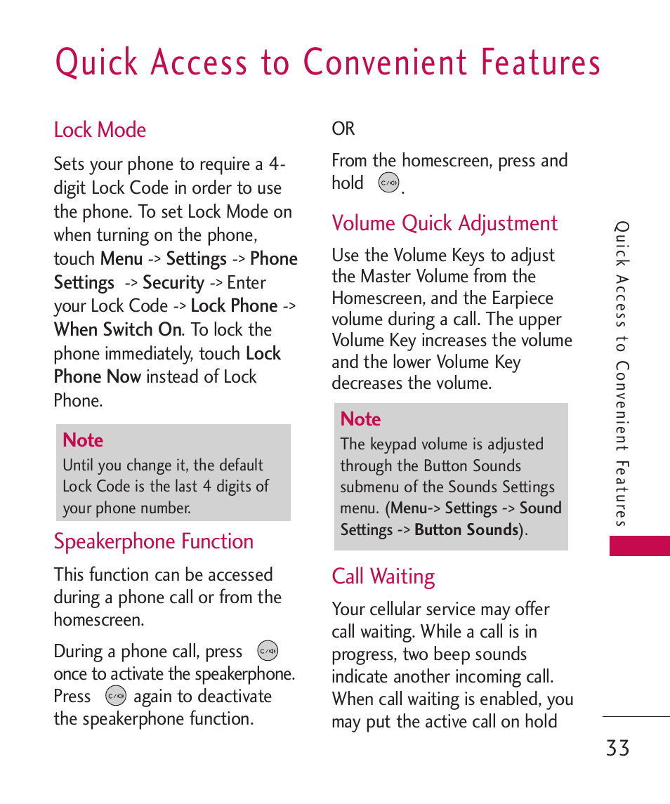 Quick access to convenient f, Lock mode, Speakerphone function | Volume quick adjustment, Call waiting, Quick access to convenient features | LG UN270 User Manual | Page 35 / 282